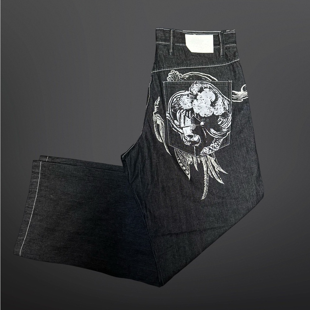 Y2K BAGGY SKATER TYPE MECCA GRAPHIC PRINT EMBROIDERY DENIM JEANS MENS 34